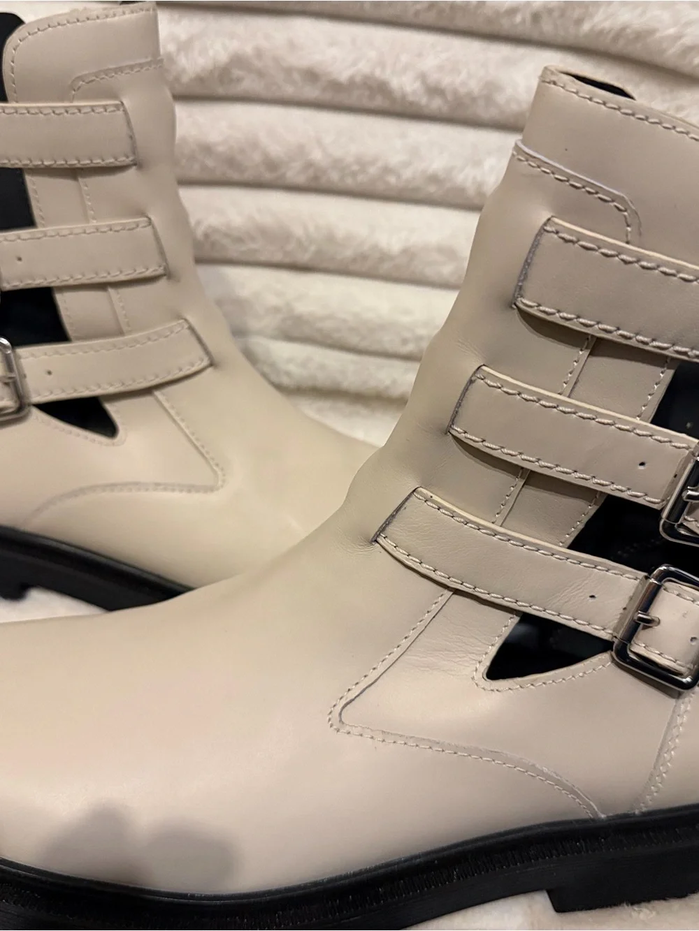 Franco Sarto Ivory Buckle Cutout Ankle Boots